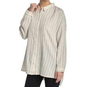 Eileen Fisher Pin Striped Shirt Ecru & Black,  Button Down Top Collared Gauzy M